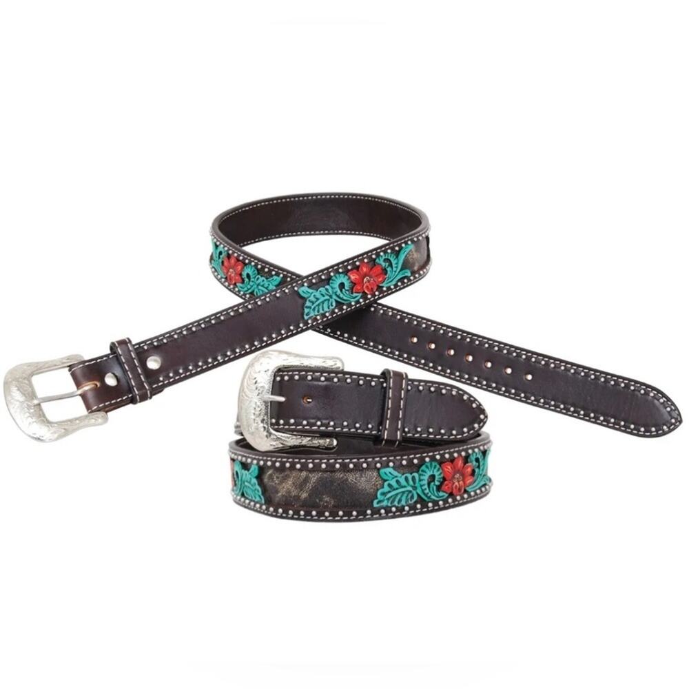 Embroidered Floral Brown Leather Belt with Turquoise & Red Accents